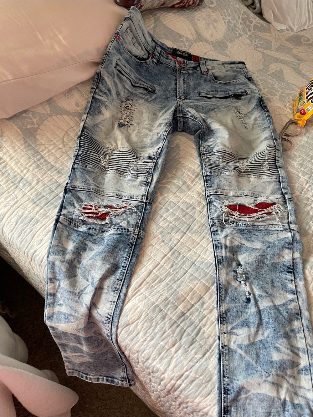 Men's Acid  Washed  Distressed Jeans 
Red Detailing and Ribbing by Makobi